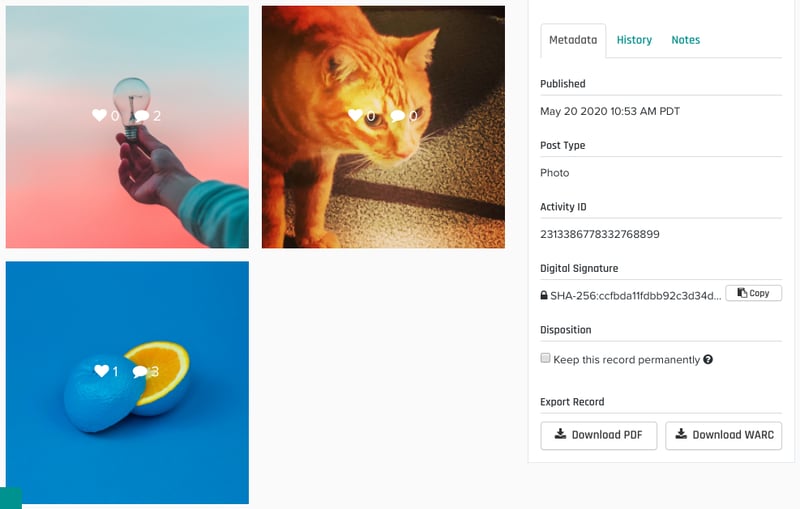Real-time archiving of Instagram with Pagefreezer