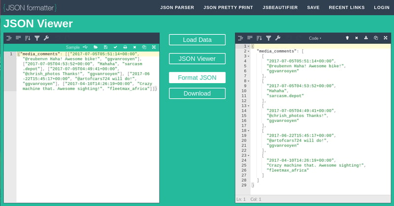 Instagram data in JSON viewer