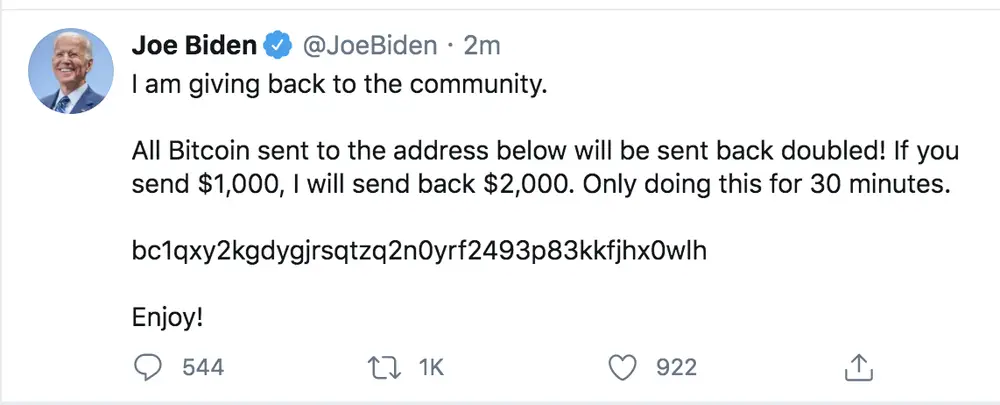 Joe Biden Twitter account hacked